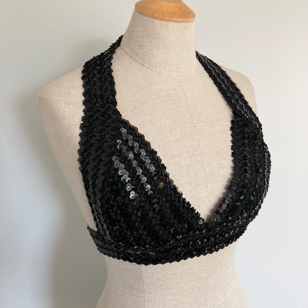 1970s Black Sequin Disco Top, Size S/M